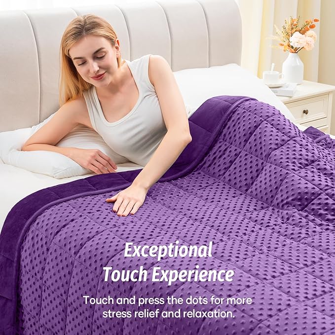 Wemore Minky Dot Weighted Blanket for Adults Twin Size 15 lbs, Soft Heavy Blanket for Stress Relief and Sleep Promotion, Breathable Blanket for All-Season with Glass Beads, Purple 48 x 72 inches