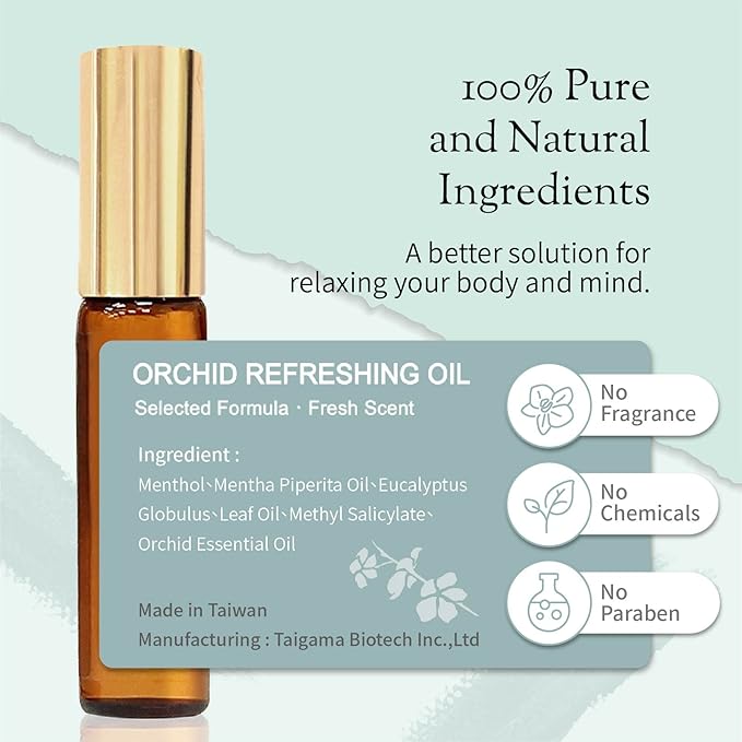 Organic and Kid-Friendly Essential Oil Blend Roll on for Stress Relief, Headache, Itch Relief and Heat Stroke, Includes Orchid, Menthol, Peppermint, Eucalyptus, Wintergreen, 5 ml.