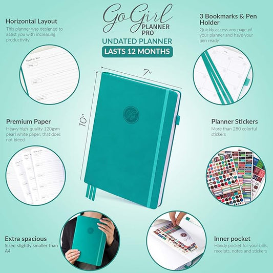 GoGirl Planner PRO - Undated Horizontal Layout Weekly Planner and Organizer + Budgeting and Expense Tracking Pages, Goals Journal & Agenda, 7" x 10" Hardcover, Lasts 1 Year - Turquoise