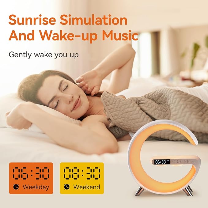 Alarm Clock Radio Bluetooth Speaker Smart Alarm Clocks Wireless Fast Charger Desck Sound Machine Wake Up Light Night for Bedrooms Dorm Kids Adults Desk Table Lamp Gift