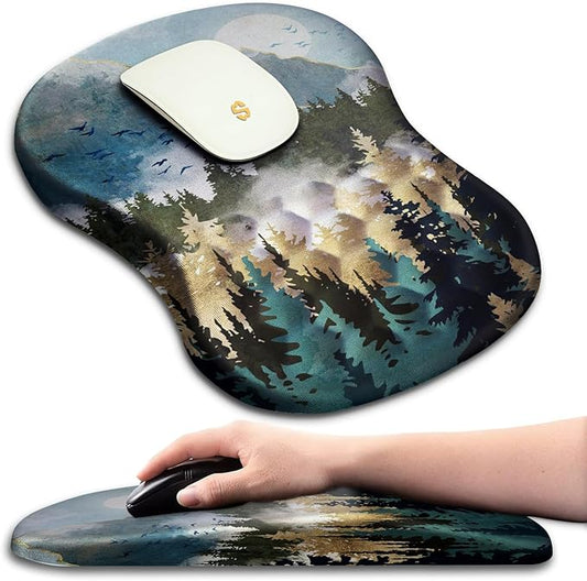 Ergonomic Wrist Rest Mouse Pad, Massage Relief for Carpal Tunnel, Entire Memory Foam Non-Slip, Computer Mouse Pad for Wireless, Forest Sunrise