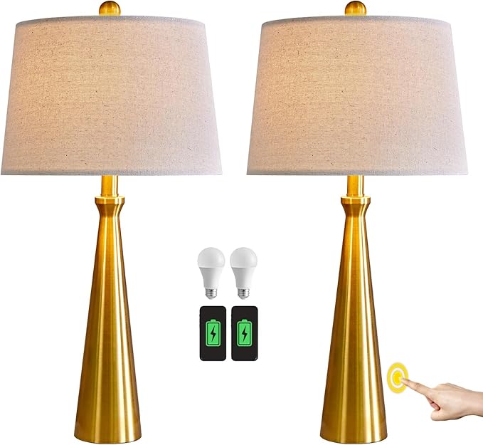 Oneach 25.75" 3-Way Dimmable Touch Control Modern USB Table Lamp Set of 2 for Living Room Bed Room Bedside Nightstand Lamps Fabric Shade Vintage Accent Light Gold Antique Brass