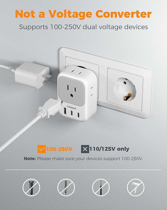 European Travel Plug Adapter 3 Pack, TESSAN Type C Charger Plug with 4 Outlets 3 USB (2 USB-C), US to Europe Plug Adapter for Italy, Spain, France, Portugal, Greece, Iceland, Travel Essentials