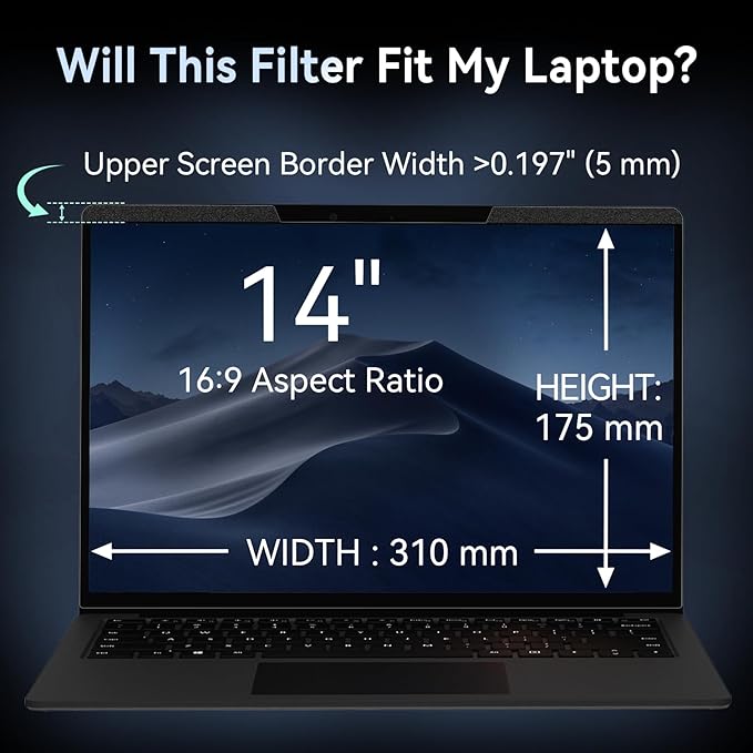 Magnetic 14 Inch Laptop Privacy Screen for 16:9 Computer Monitor, Removable Anti Glare Blue Light Filter Protector, 14 in Privacy Shield Compatible with Lenovo Hp Dell Acer Asus Thinkpad Envy Xps