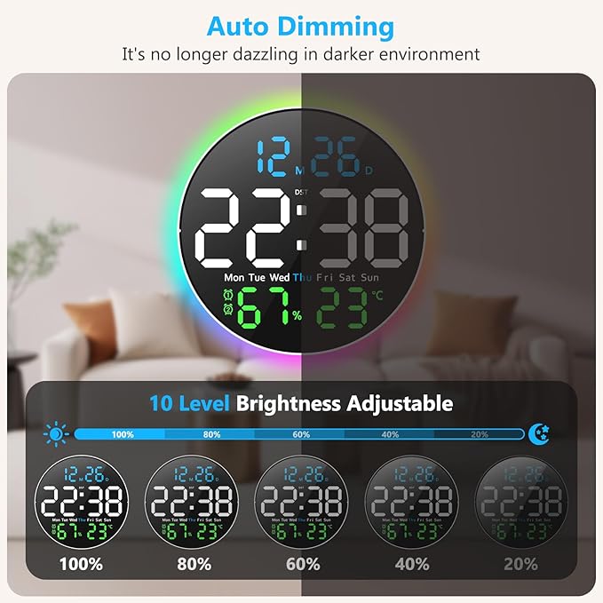Digital Wall Clock, 10 inch Large LED Display Digital Clock with RGB Light, Remote Control, Auto-Brightness Dimmer with Night Lights, 2 Alarm, Silent Wall Clock Show Date Week DST Temp