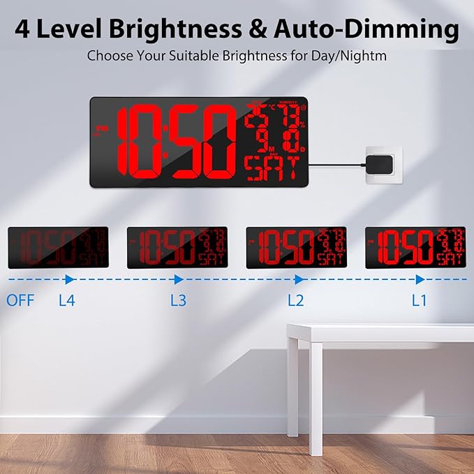 [2024 New] 18" Digital Wall Clock Large Display/Bluetooth Sync Time, Large Wall Clock with Remote Control, Auto DST, Alarm, Temperature and Date - Easy to Read and Set Timer