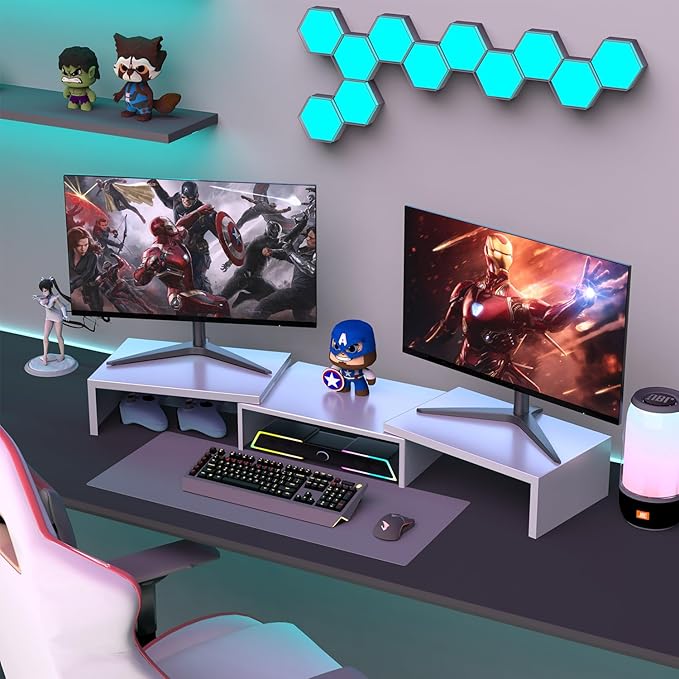 Dual Monitor Stand for Desk, Metal Computer Stand, Desk Shelf Riser,Desktop Organizer for Home and Office Use (White)