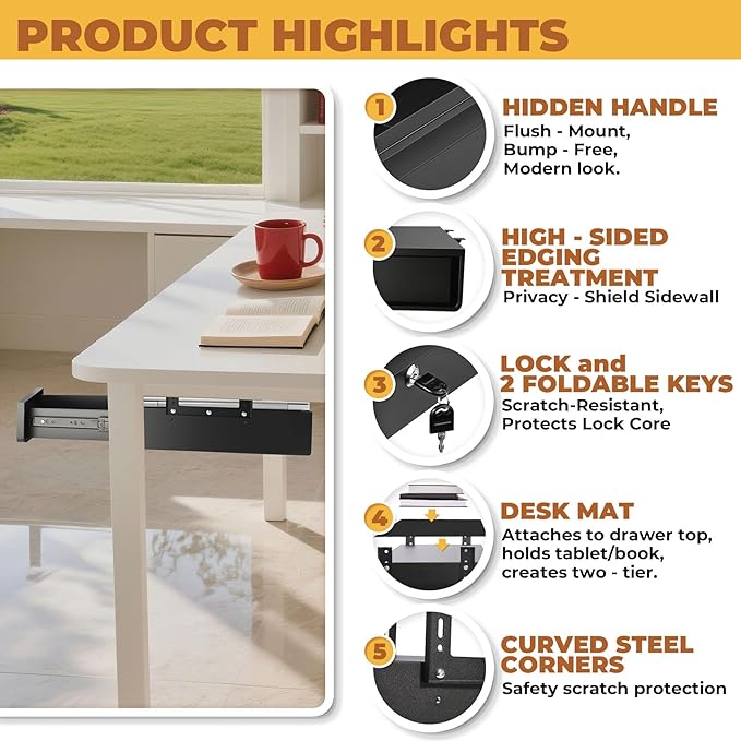 POPMOON 14 In Under Desk Drawer,Under Desk Pull Out Drawer with Lock and Keys,Adjustable Height, Metal Storage Drawer with Slide Extension Mounted Under Flat Wooden Table or Workbench,Black