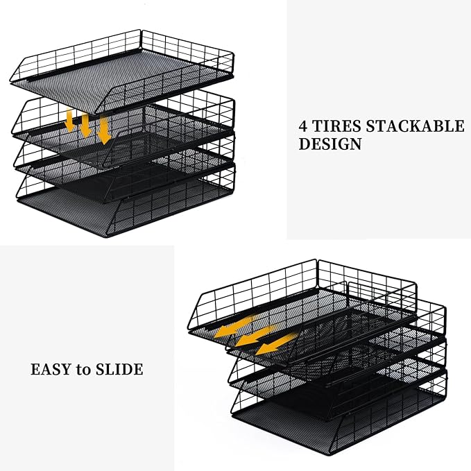 Tunnkit 4 Pack Stackable Letter Tray Paper Organizer, Metal Desk Organizer Tray for Letter/A4 Paper Storage, Suitable for Office, School, Home, Black