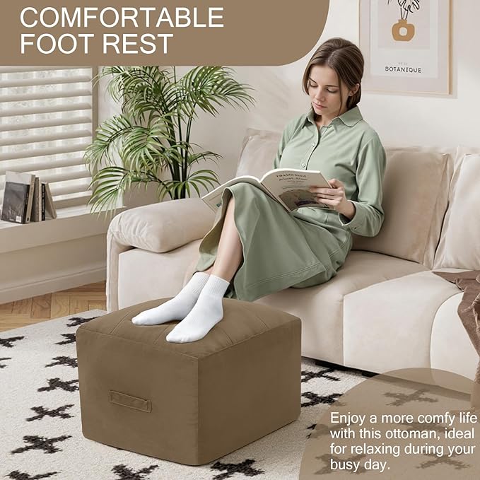 MeMoreCool Square Stuffed Pouf Ottoman Foot Rest, Floor Pouf Foot Stool with Foam Chunk Filling, Soft Stuffed Ottoman Footrest for Living Room, Light Coffee