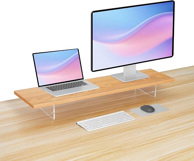 Wood Monitor Stand Riser with Acrylic Legs, Computer Screen Stand Desk Organizer, 31.5 x 7.9 x 3.1 inch, Hold up to 66 lbs (Natural, 31.5"×7.9"×3.1")