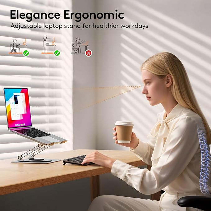 TECKNET Laptop Stand for Desk, 360 Rotating Base, Ergonomic Foldable Computer Stand for Laptop Riser Height Adjustable, Compatible with MacBook Pro, All Laptops 10-17" - Silver