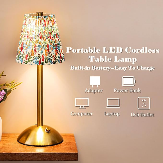 Liliful 2 Pcs LED Portable Cordless Table Lamp Touch Battery Operated Rechargeable Desk Lamp 3 Color Dimmable for Bedroom Living Room Dining (Floral Style,Gold)