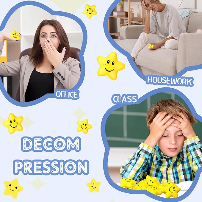 Kasyat 100 Pcs Star Smile Face Stress Balls Bulk 2.2 Inch Mini Foam Smile Ball Yellow Small Stress Relief Toy for School Reward Student Prizes Birthday Party Favor