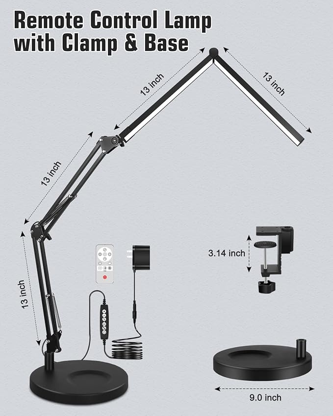 Toolour LED Desk Lamps for Home Office 2 in 1 Double Head Desk Lamp with Clamp Base,Remote Control,Dimmable Architect Clip on Desktop Computer Light Bar with Memory for Workbench Darkroom