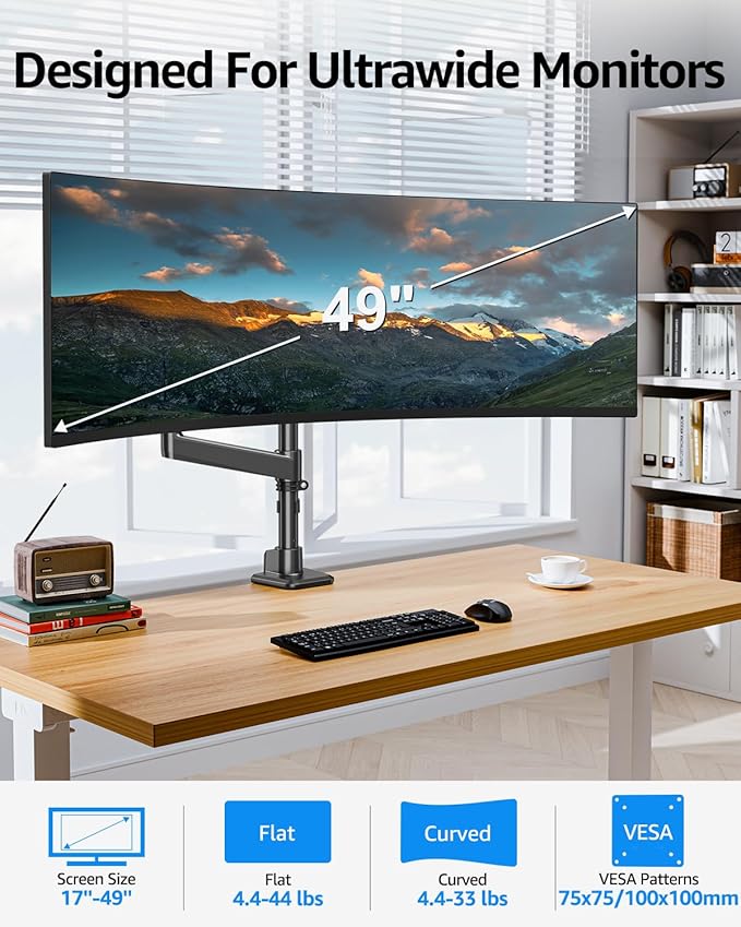 MOUNTUP Heavy Duty Monitor Arm Fits Max 49" Ultrawide Screens, Ultra Wide Monitor Arm Holds 4.4-44 lbs, Single Monitors Stand for Samsung Odyssey G9 and More, Gas Spring Height Adjustable, VESA Mount