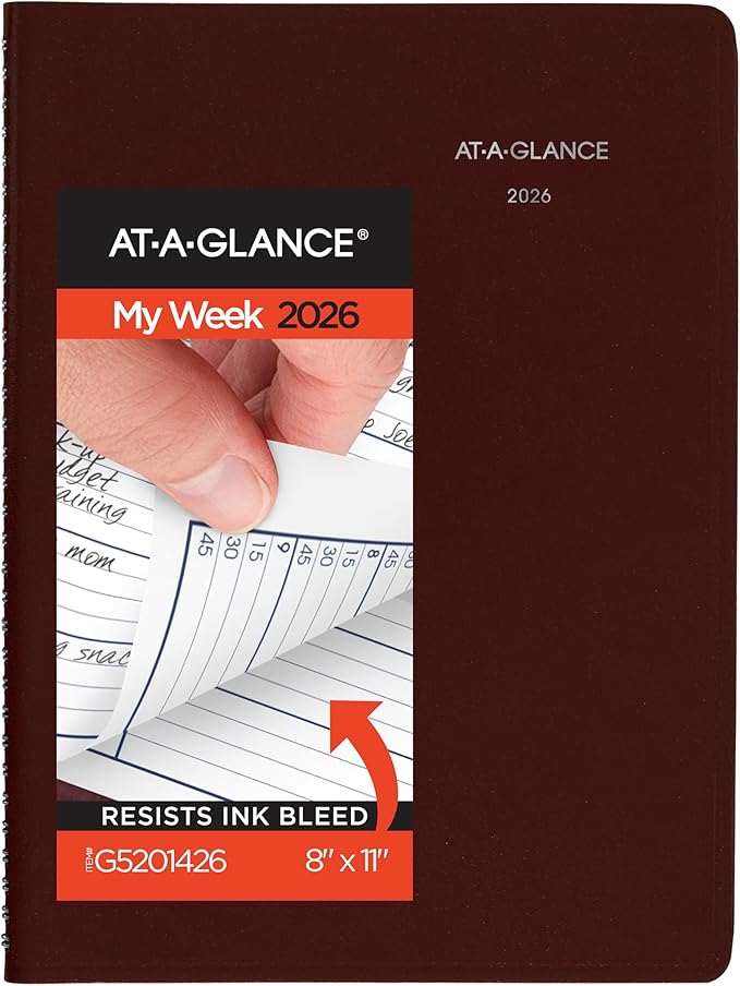 AT-A-GLANCE 2026 Appointment Book Planner, Weekly, 8" x 11", Large, Quarter-Hourly, DayMinder, Burgundy (G5201426)