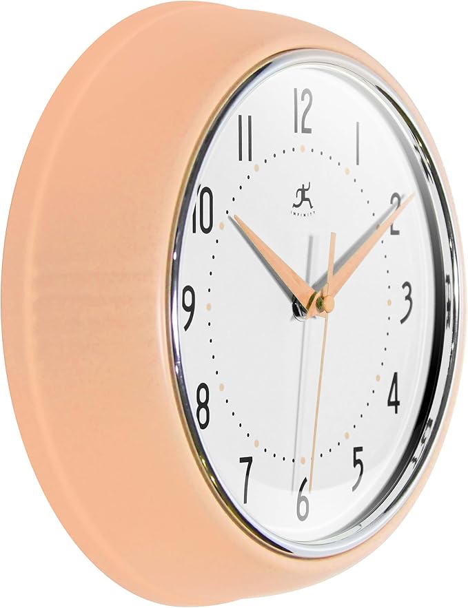 Infinity Instruments Retro 9.5 Inch Round Indoor Wall Clock, Peach Fuzz