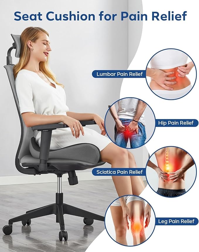 Feagar Seat Cushion - Office Chair Cushion for Hip, Sciatica & Tailbone Pain Relief - Memory Foam Pressure Relief Seat Cushion, Large Wrapped Design for Wheelchair, Car Seat & Long Sitting (Gray)