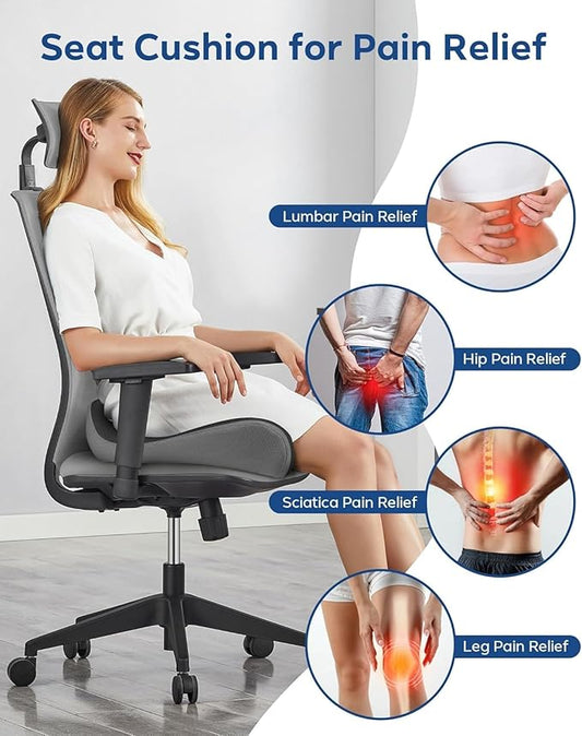 Feagar Seat Cushion - Office Chair Cushion for Hip, Sciatica & Tailbone Pain Relief - Memory Foam Pressure Relief Seat Cushion, Large Wrapped Design for Wheelchair, Car Seat & Long Sitting (Gray)