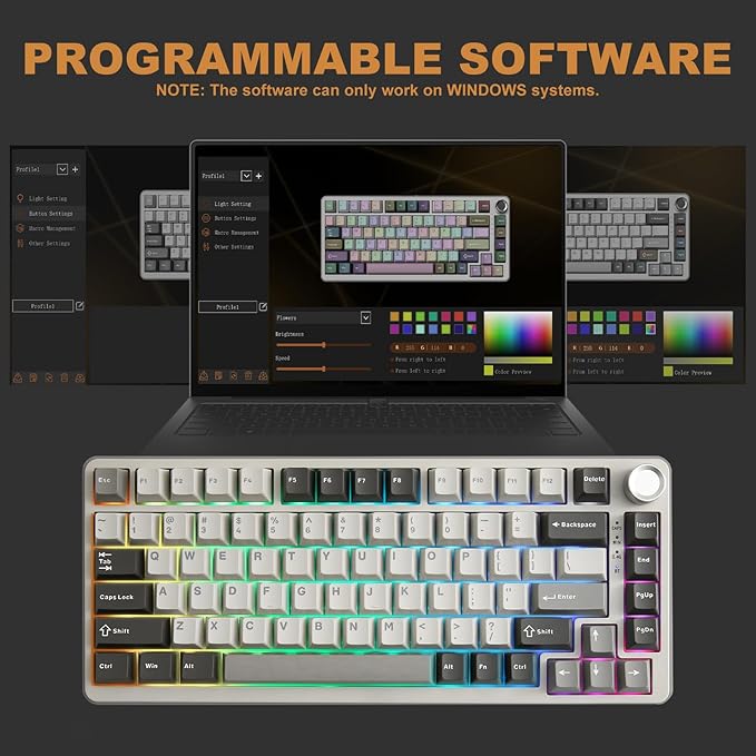 YUNZII B75 PRO Wireless Mechanical Keyboard,75% Layout with Knob,Hot Swap Gasket Custom Structure,Creamy Pre-lubed Switches,RGB Backlit,Bluetooth/Type-C/2.4G for Win/Mac(Blue Grey Switch,Grey)