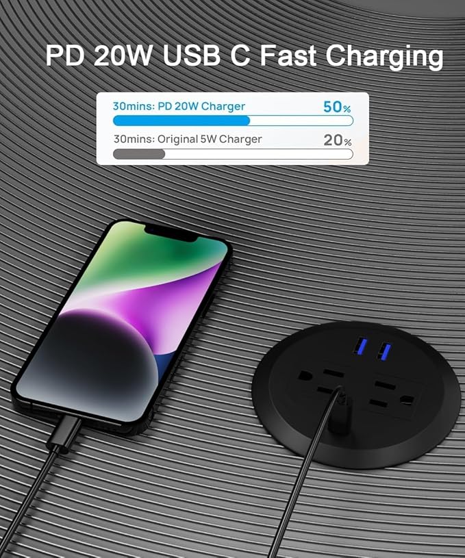 2PCS 3 Inch Desktop Power Grommet,20W USB C Fast Charging Station,3-USB Port,Flush Mount,6.5 ft Power Cord.Round Recessed Power Outlet,Desk Hole Grommet Outlet for Workspace,Sofa,Black