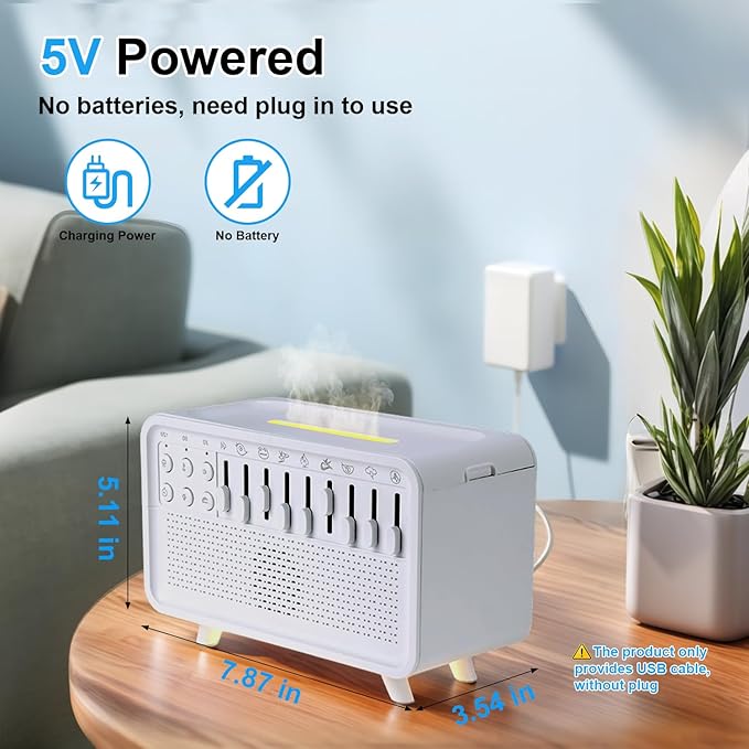 White Noise Night Light Humidifier, 3-in-1 White Noise Sound Machine Humidifier with 8 Ambient Sounds, Diffuser Sound Box Powered by USB, Sleep Sound Machine for Home Office, Timer