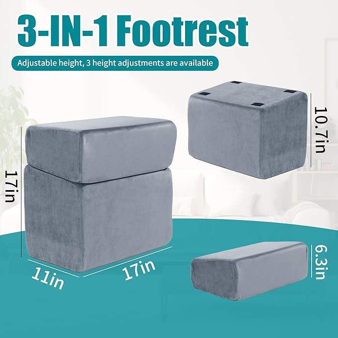 MABOZOO Foot Rest Under Desk, 3 Adjustable Height Foot Rest with High-Density Foam Ergonomic Design Foot Stool with Removable and Washable Cover for Office Home Travel - Gray