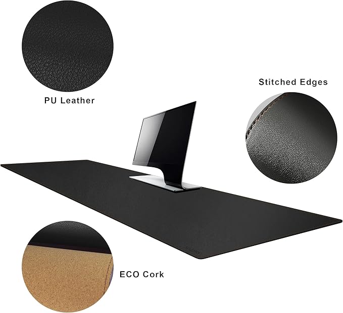 MAIDERN Cork & Leather Desk Mat, 63' x 23.6' Large XXL, Full Size Reversible Desk Pad Protector for Gaming & Home Office (Black)