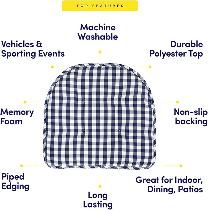 Sweet Home Collection Chair Cushion Memory Foam Pads Tufted Slip Non Skid Rubber Back U-Shaped 17" x 16" Seat Cover, 6 Pack, Checkered Navy/White