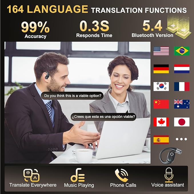 AI Translation Earbuds Real Time,164 Language Translator EarBuds with LED,Wireless Earphones Bluetooth Headphones, Audifonos Traductores de Inglés Español, Translating Device for Business Travel Study