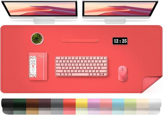 Leather Desk Pad Protector, 47.2'' x 23.6'', Suede Base Sewing Desk Blotter, Non-Slip Office Mat, Waterproof Writing Pad for Home and Office, Candy Red