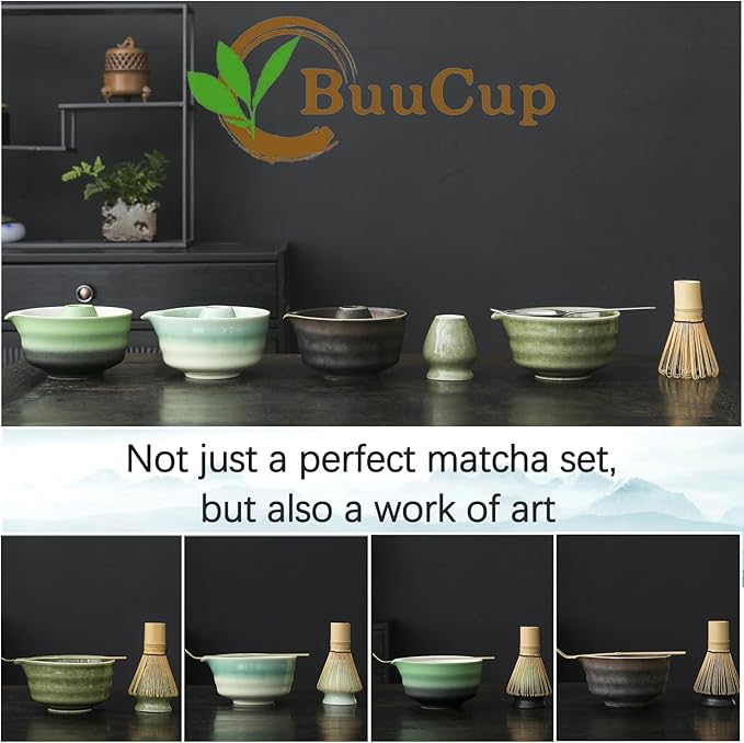 Japanese Matcha Set, Matcha Bowl with Spout, Matcha Whisk and Holder, Bamboo Matcha Scoop and Stainless Steel Sifter - 5 Pcs Gradient Green Matcha Kit for Matcha Lover