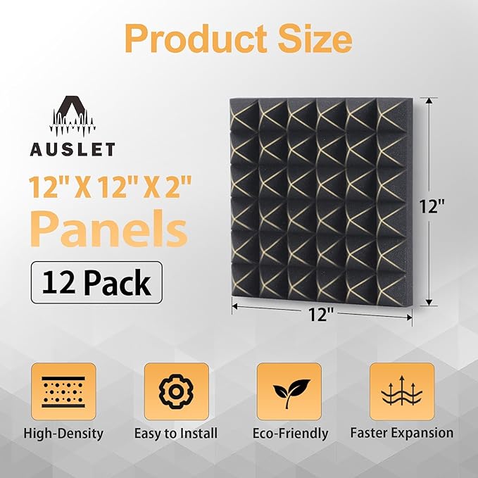 12 Pack Pyramid Acoustic Foam Panels – 12" x 12" x 2" High Density, Fire-Resistant Soundproof Wall Panels for Home Studio, Recording Room & Office