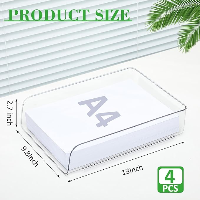 Juexica 4 Pcs Stackable Clear Letter Trays Organizer for Desk A4 Size File Paper Organizer Acrylic Desk Organizer Trays with Anti Skid Bottom for Home Office School (Vertical Opening Style)