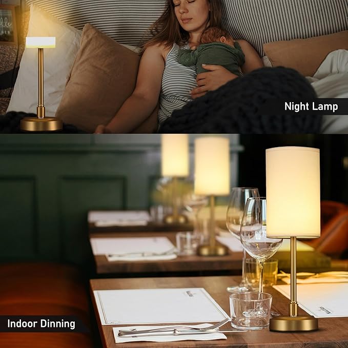 Set of 2 Small Touch Nightstand Lamp Rechargeable Battery Operated Cordless LED Table Lamp, Portable 3 Colors Stepless Dimmable Fabric Desk Light for Restaurant/Bedroom/Outdoor (White+Brass)