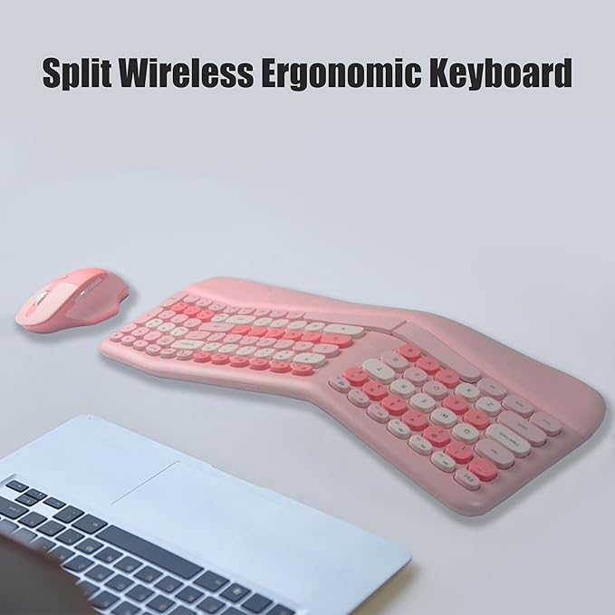 Wireless Ergonomic Keyboard and Mouse Combo with PU Wrist Rest, Carpal Tunnel Keyboard, 2.4G Colorful Split Ergo Keyboard, Comfortable Natural Typing, Compatible with PC/Laptop (Pink)