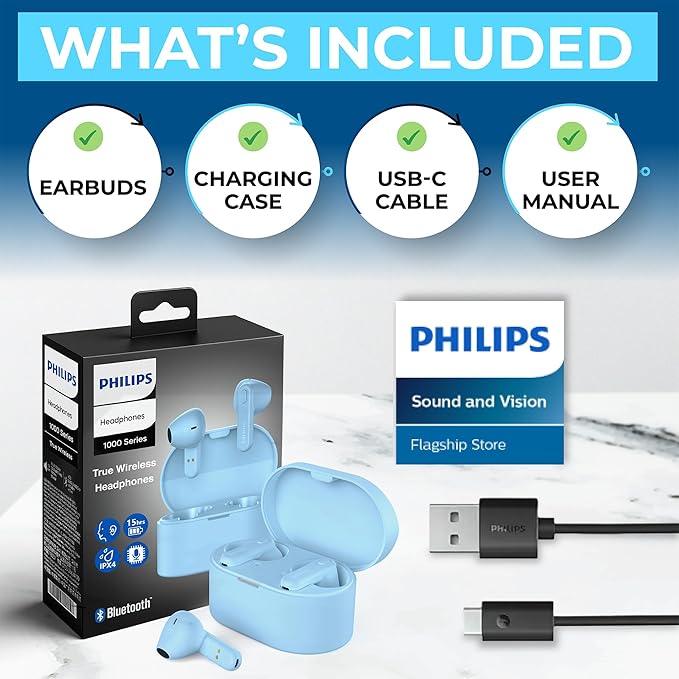 PHILIPS True Wireless Earbuds, TWS Bluetooth 5.3 Headphones, 13mm Drivers, AI Mic for Clear Calls, IPX4 Waterproof, 15 Hours Playtime, Compatible w/iPhone Android & Bluetooth Devices, TAT1138 Blue