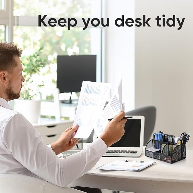 Deli 7-Compartment Black Mesh Desk Organizer with Pen Holder, Office Desktop Organizer, Metal Stationary Caddy