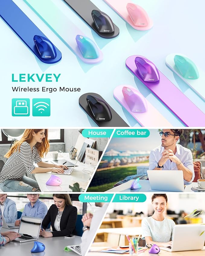 Lekvey Ergonomic Mouse, Vertical Wireless Mouse Rechargeable 2.4 GHz Optical Carpal Tunnel Mouse : 800/1200 / 1600 DPI, 6 Buttons, for Laptop, PC, Computer, Desktop, Notebook etc, Green
