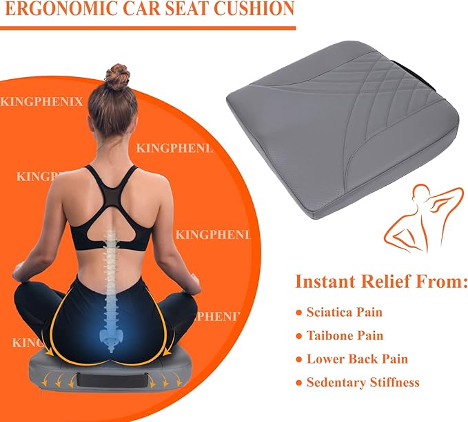 kingphenix Premium Car Seat Cushion, Memory Foam Driver Seat Cushion to Improve Driving View- Coccyx & Lower Back Pain Relief - Seat Cushion for Car, Truck, Office Chair (Gray)