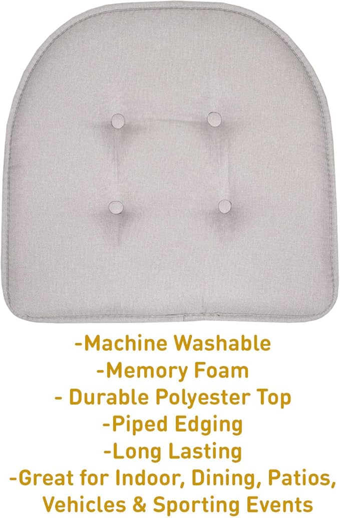 Sweet Home Collection Chair Cushion Memory Foam Pads Tufted Slip Non Skid Rubber Back U-Shaped 17" x 16" Seat Cover, 6 Count (Pack of 3), Light Gray