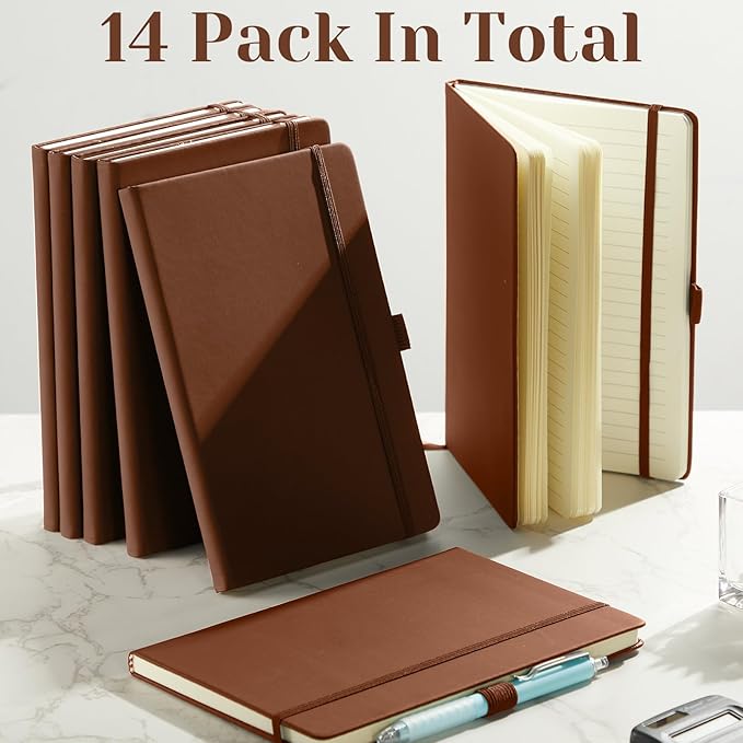 Laumoi 14 Pack Lined Journal Notebooks 5.5 x 8.2 Inch A5 Hardcover Notebook College Ruled Notepad with Pen Holder PU Leather Ruled Lined Journals for School Business Work Writing(Brown)