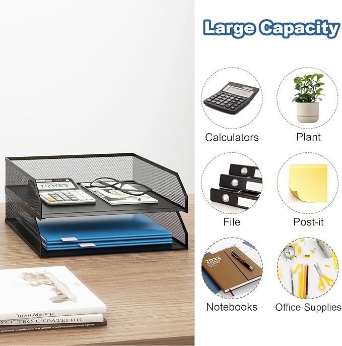 Natwind 2-Tier Stackable Paper Tray, Metal Mesh Desktop Organizer, A4 Desk Organizer, Stackable Letter Trays,File Folder Sorter Organizer with Sliding Tray for Home, Office, School (Black)