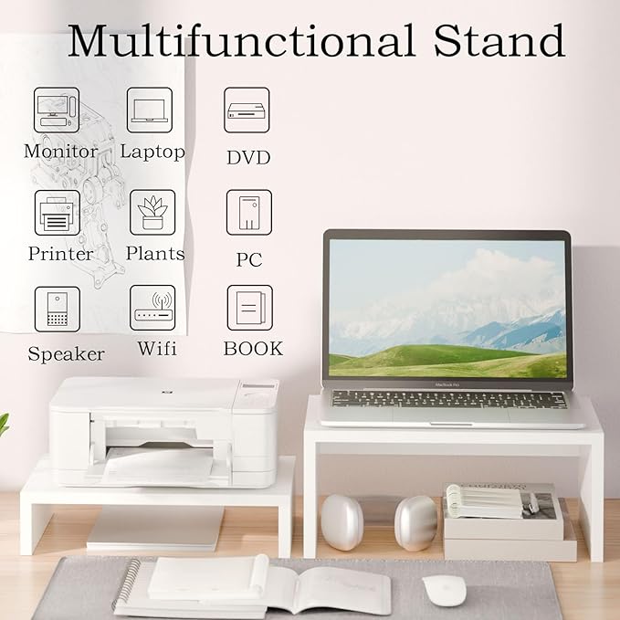 TEAMIX Adjustable White Monitor Stand Riser - 2 Pack, Wood 2 Tier Adjustable Stand for 2 Monitors/Laptop/PC