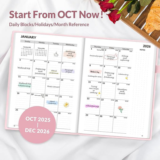 SUNEE 2026 Weekly & Monthly Hardcover Planner 5.5" x 8.3" - 12 Month (January 2026 - December 2026), Small Hardcover Planner, Pocket, Notes, 100 GSM Paper, Pink