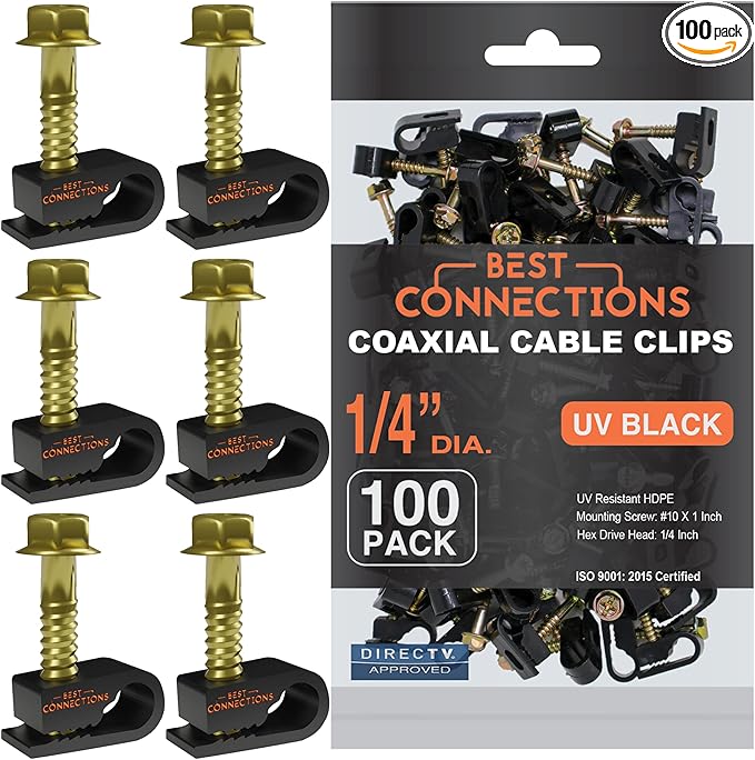 Coaxial Cable Clips with Pre-Inserted Screw (100 Pack) – Black Single Cable Mounting Clamps for Coax Cable (RG6, RG59) and Ethernet Cable – Cord Fastener/Strain Relief Clip
