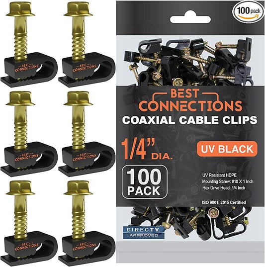 Coaxial Cable Clips with Pre-Inserted Screw (100 Pack) – Black Single Cable Mounting Clamps for Coax Cable (RG6, RG59) and Ethernet Cable – Cord Fastener/Strain Relief Clip