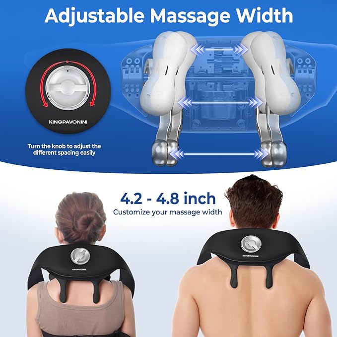KingPavonini Width Adjustable Neck Massager with 5 Heat Zone, Wireless 6D Shiatsu Shoulder Massager for Pain Relief Deep Tissue, Massager for Neck and Shoulder Pain, Gifts for Men Women Dad Mom