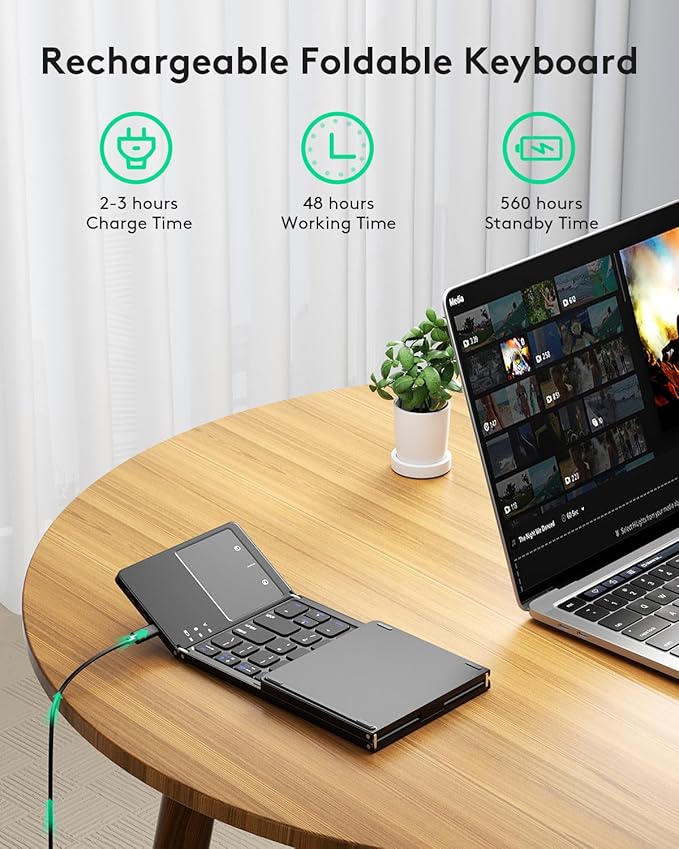 Samsers Multi-Device Foldable Bluetooth Keyboard with Touchpad, Rechargeable Dual-Mode(2.4G+BTx2) Wireless Keyboard with Holder, Portable Folding Keyboards for Android Windows iOS Mac OS - Black